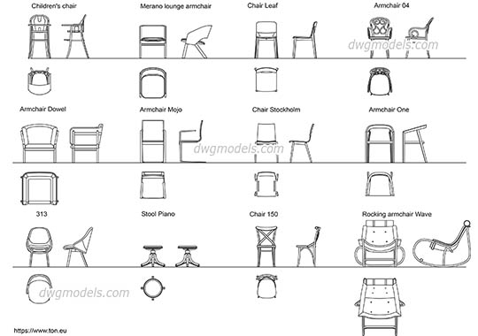 Armchairs and Chairs - DWG, CAD Block, drawing