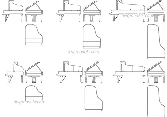 Piano in all projections - DWG, CAD Block, drawing