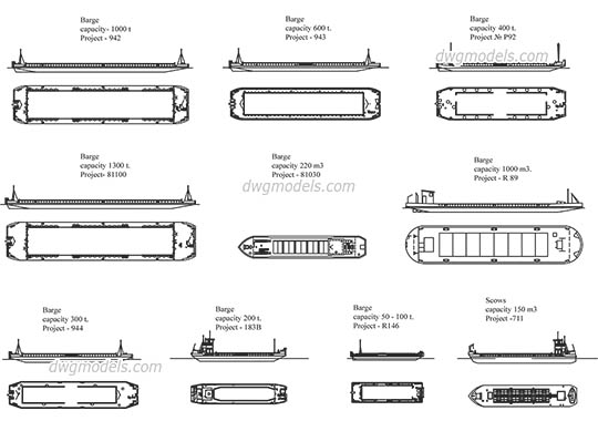 Barges and scows - DWG, CAD Block, drawing