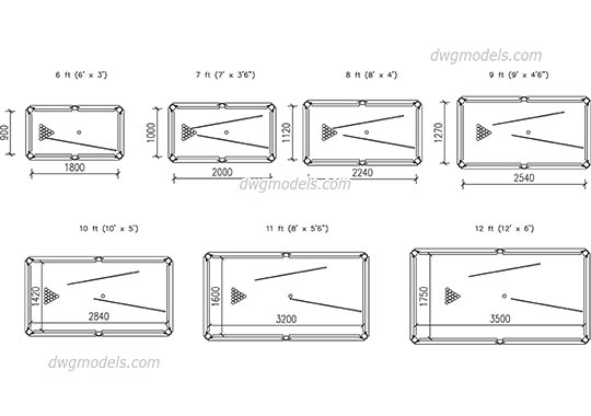 Billiard table sizes - DWG, CAD Block, drawing