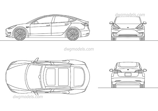 Tesla Model 3 - DWG, CAD Block, drawing
