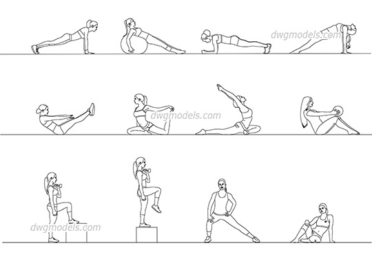 Fitness Girls - DWG, CAD Block, drawing