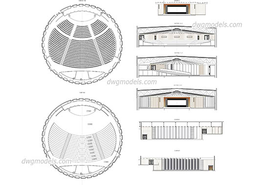 Concert Hall Plan, Elevation - DWG, CAD Block, drawing